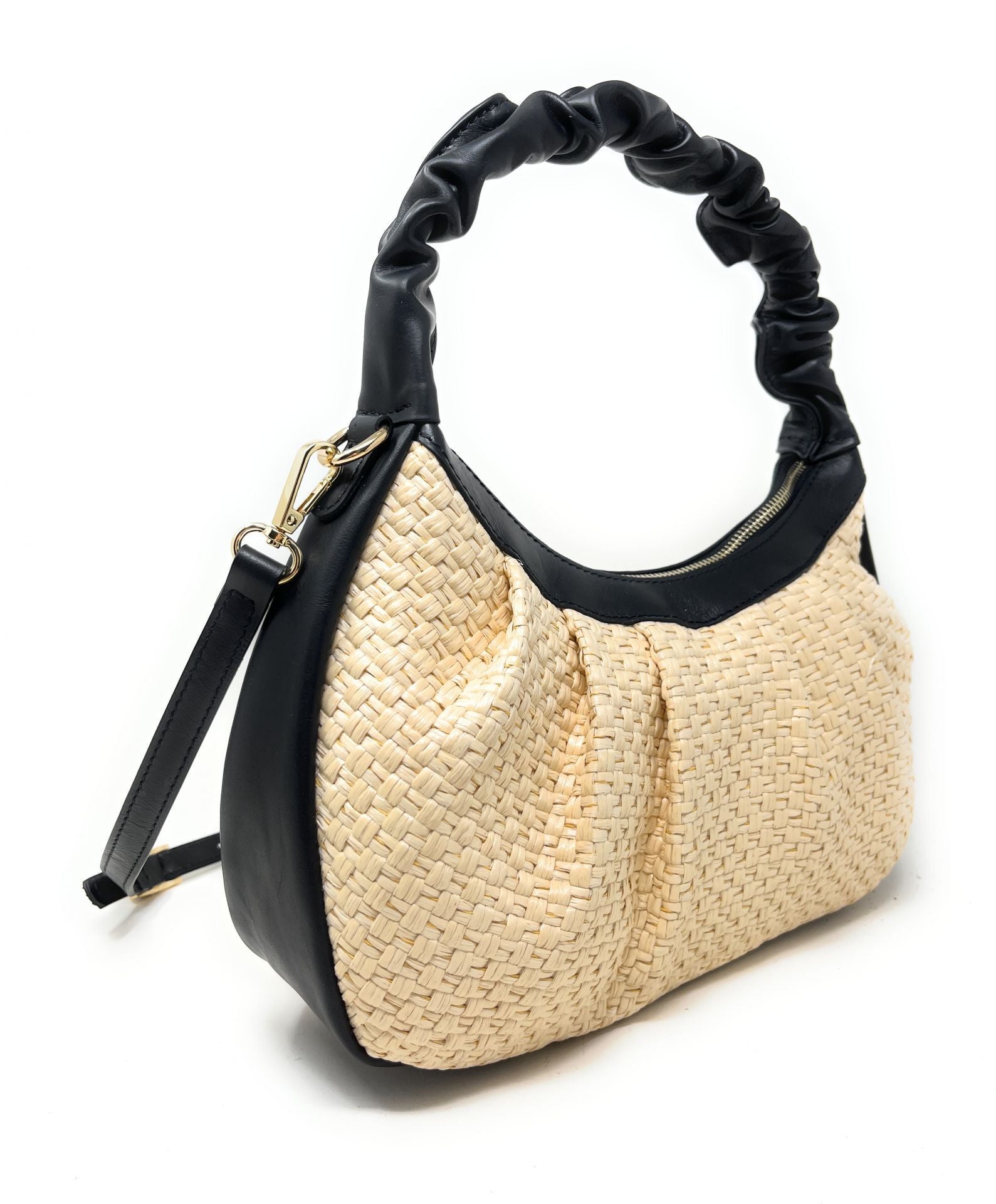 Sac HOBO en paille et cuir SELENE Noir