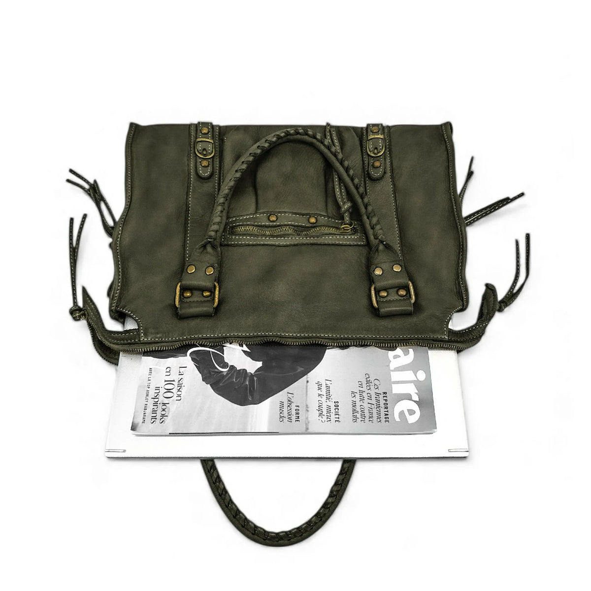 Handtasche aus Vintage-Leder MISS STORM Khaki