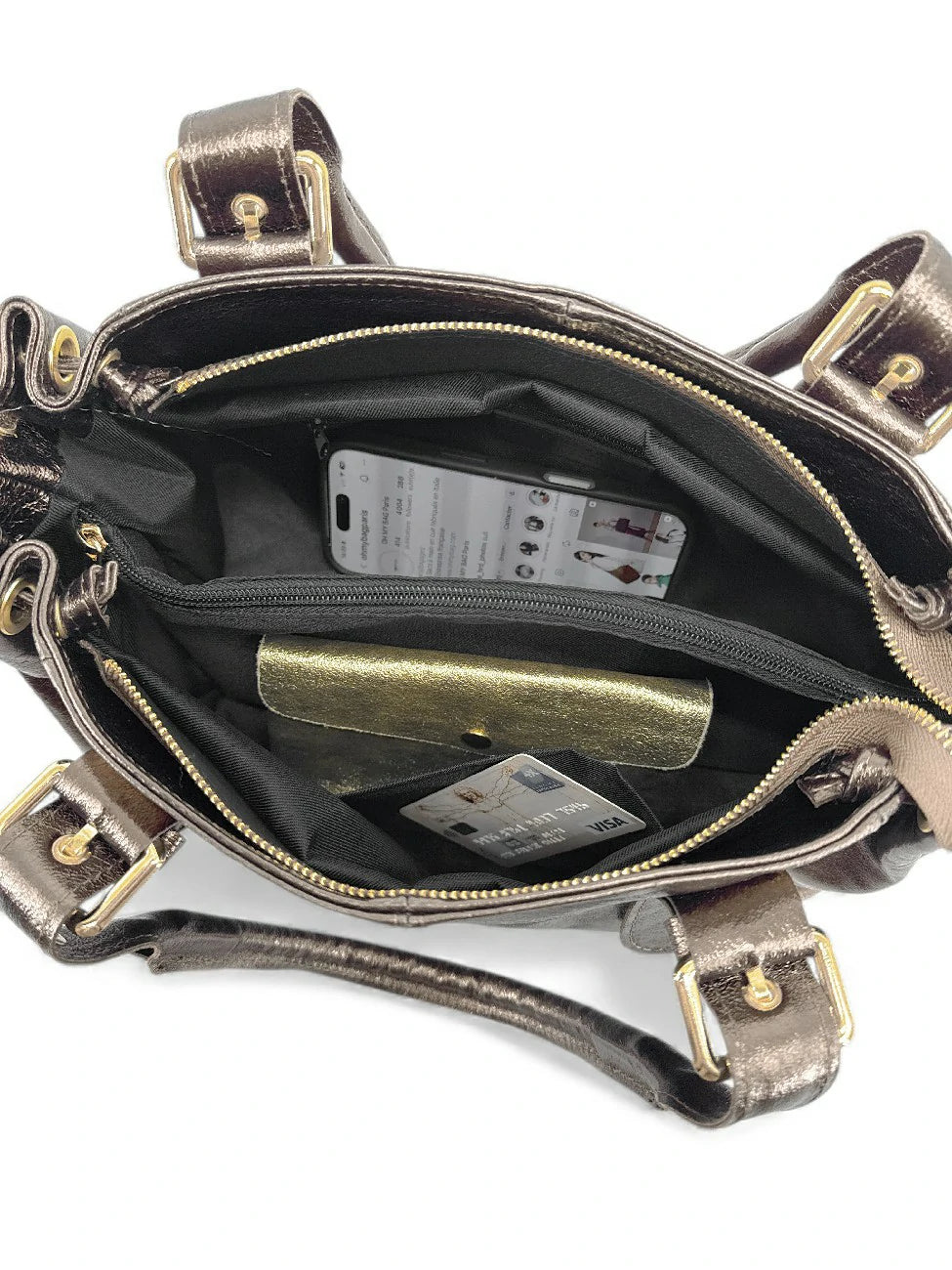 Borsa bowling in pelle metallizzata PRINCESSE GLOW champagne