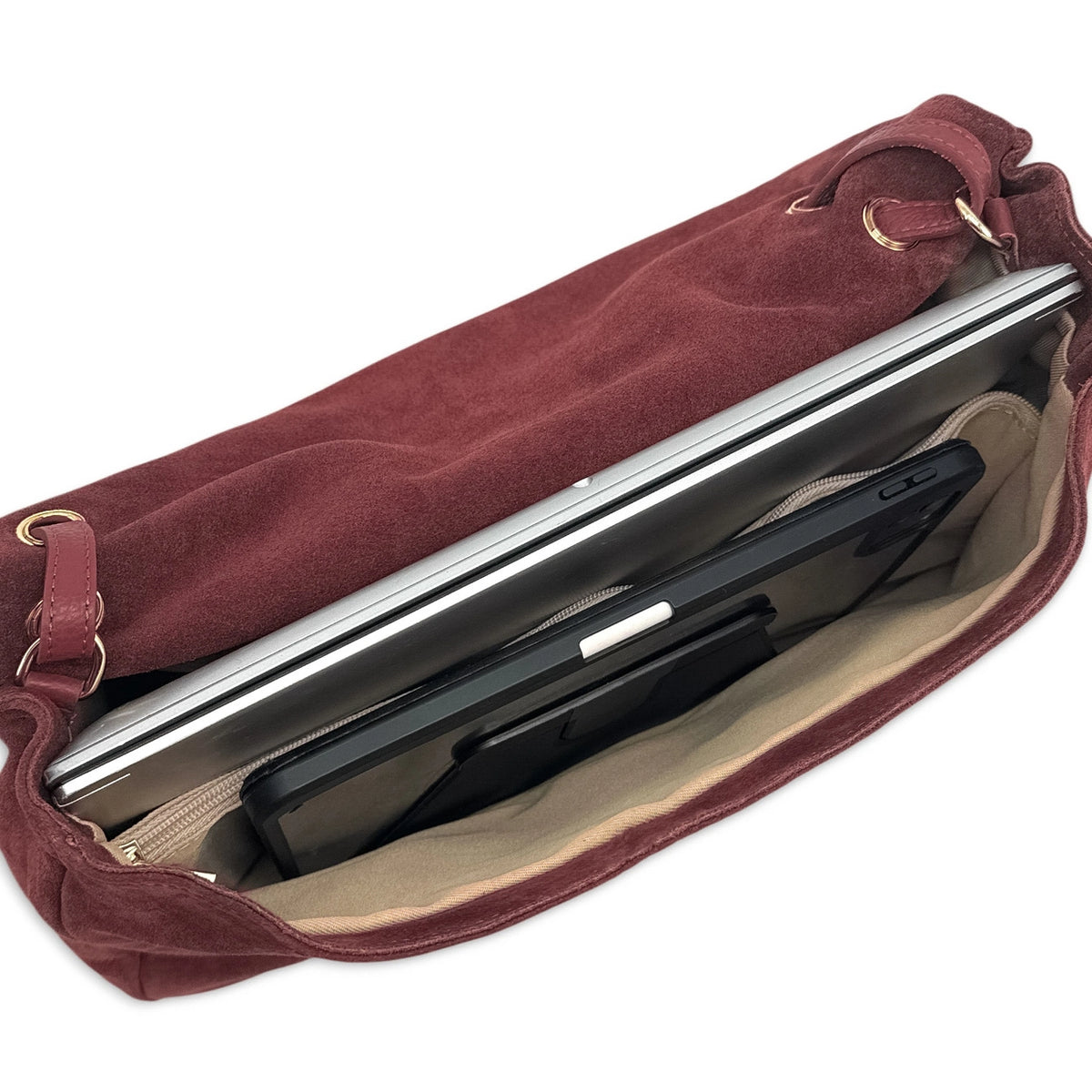 Grand sac besace en daim POPPINS Bordeaux