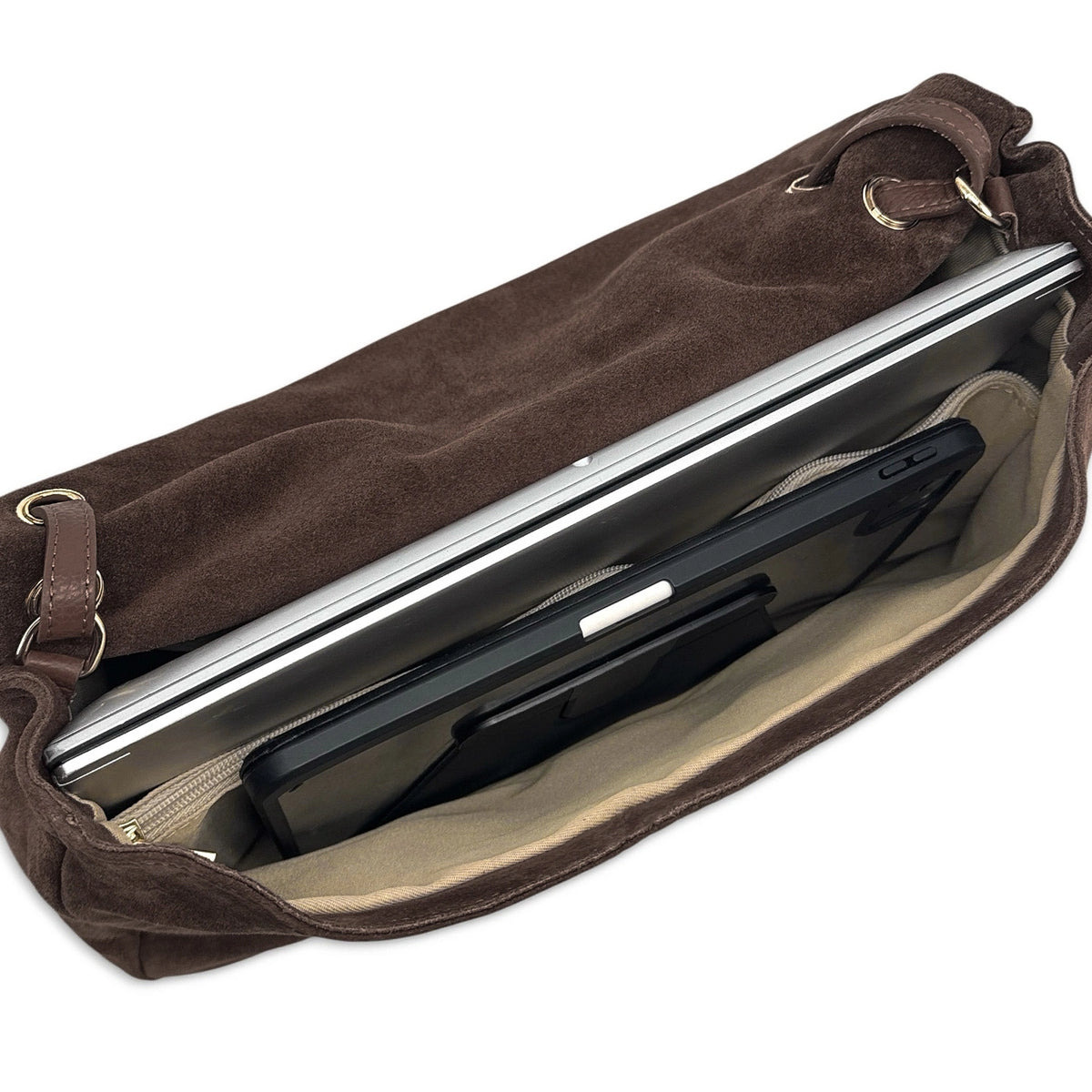 Grand sac besace en daim POPPINS Marron Chocolat