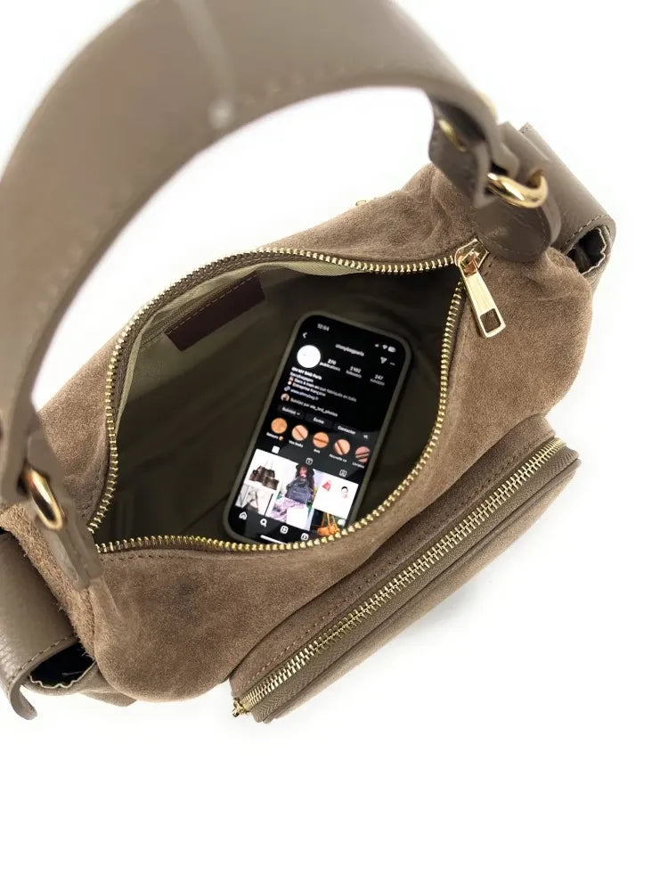 Sac multipoche en croûte de cuir NELLIE Taupe foncé