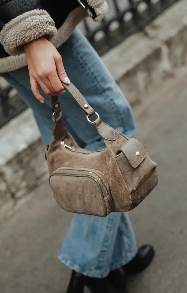 Sac multipoche en croûte de cuir NELLIE Taupe foncé