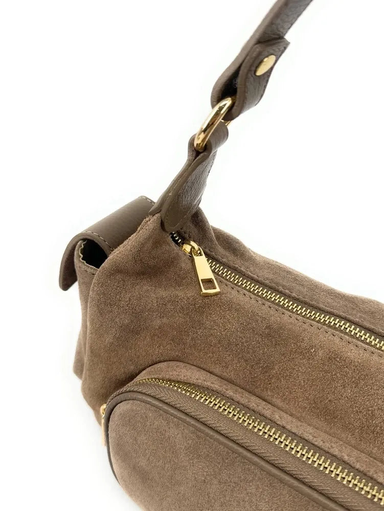 Sac multipoche en croûte de cuir NELLIE Taupe foncé