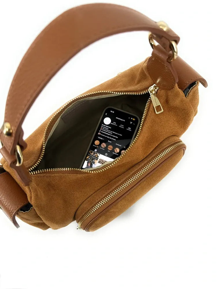 Sac multipoche en croûte de cuir NELLIE Camel
