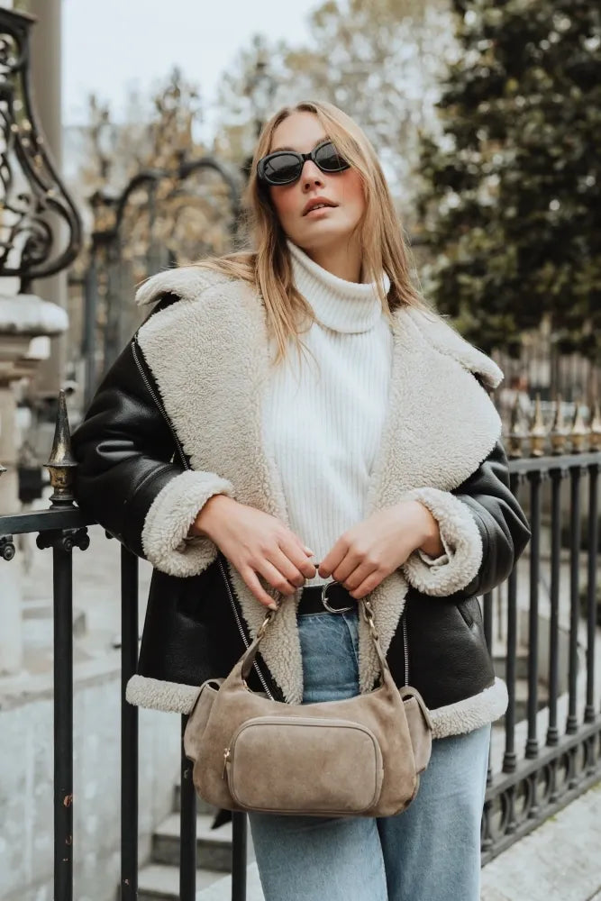Sac multipoche en croûte de cuir NELLIE Taupe foncé
