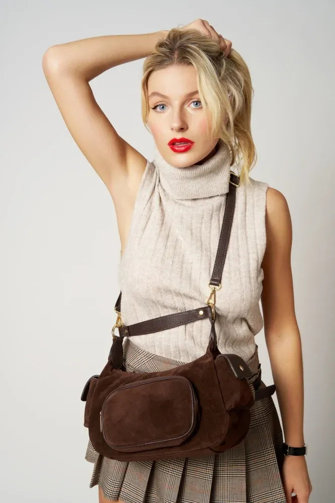 Sac multipoche en croûte de cuir NELLIE Chocolat