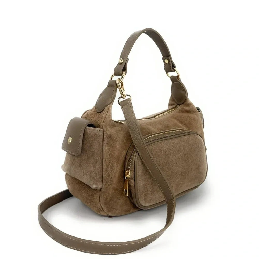 Sac multipoche en croûte de cuir NELLIE Taupe foncé