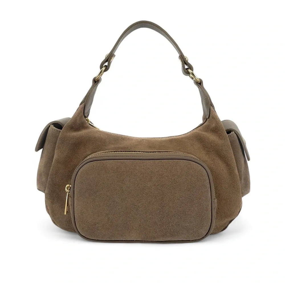 Sac multipoche en croûte de cuir NELLIE Taupe foncé