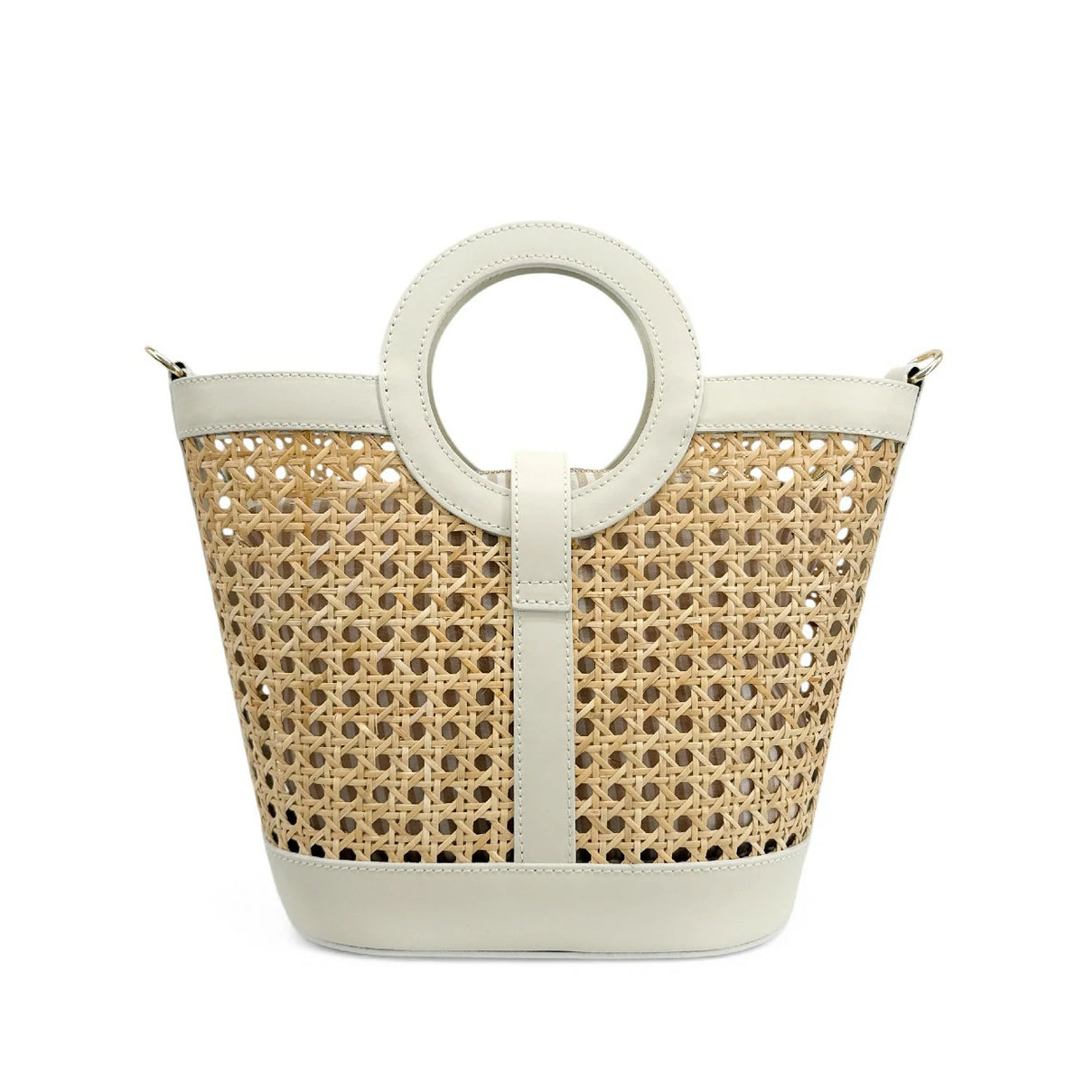 Shopper aus Glattleder und Rattan ODINE Cremebeige