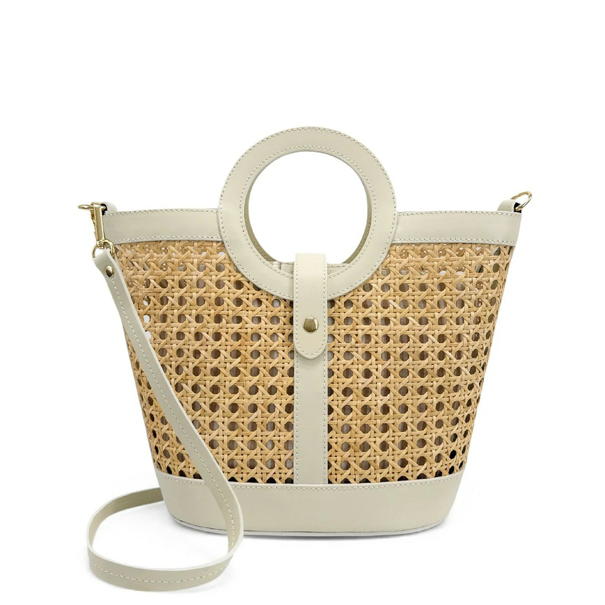 Shopper aus Glattleder und Rattan ODINE Cremebeige