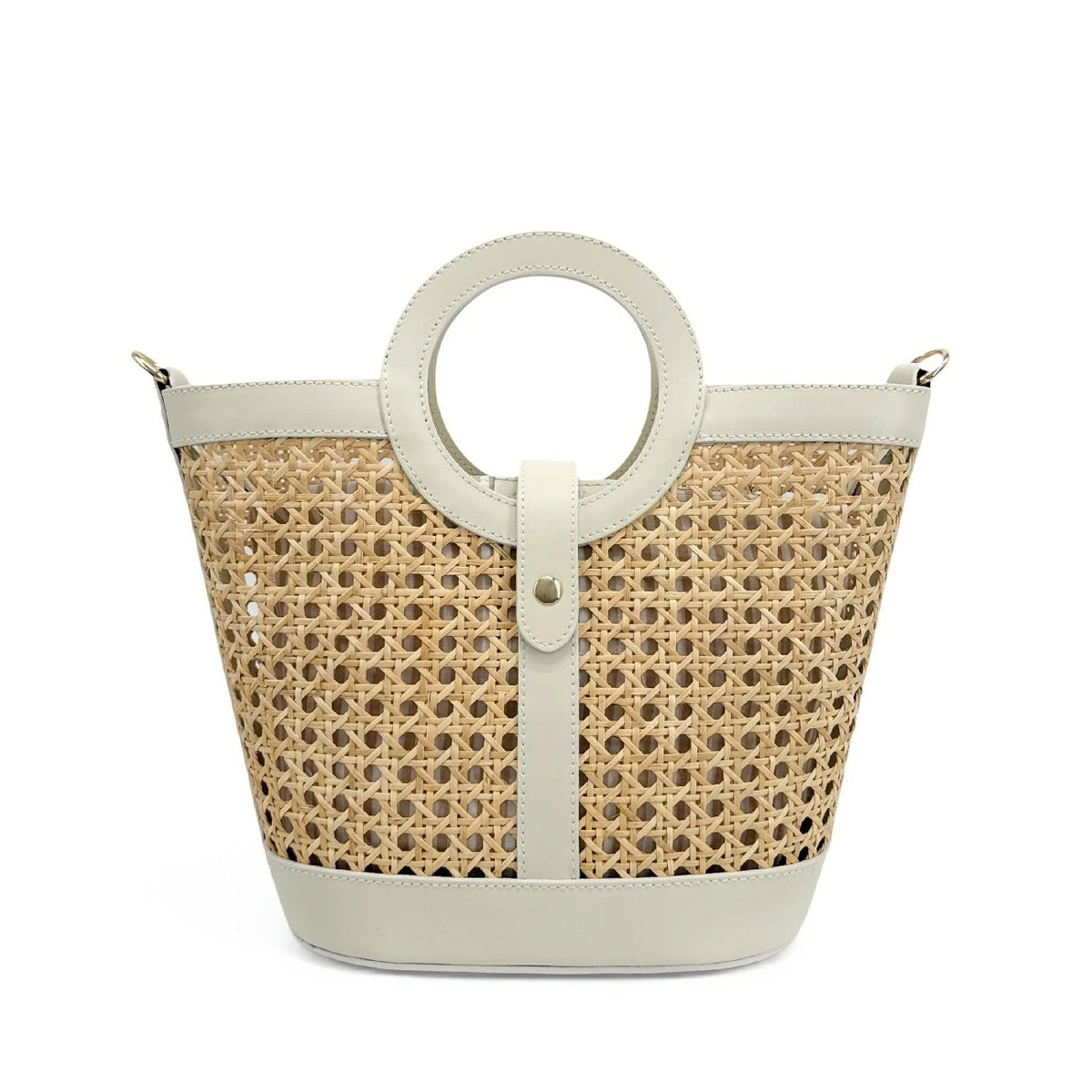 Shopper aus Glattleder und Rattan ODINE Cremebeige
