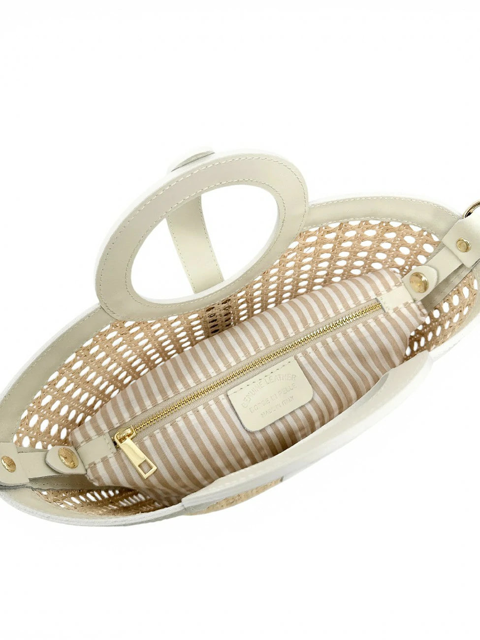 Shopper aus Glattleder und Rattan ODINE Cremebeige