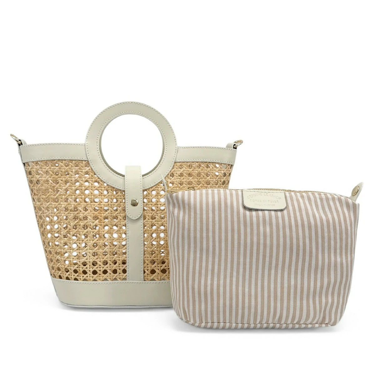 Shopper aus Glattleder und Rattan ODINE Cremebeige