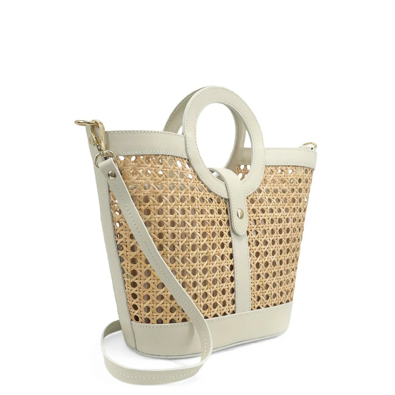 Sac cabas en cuir lisse et rotin ODINE Beige crème