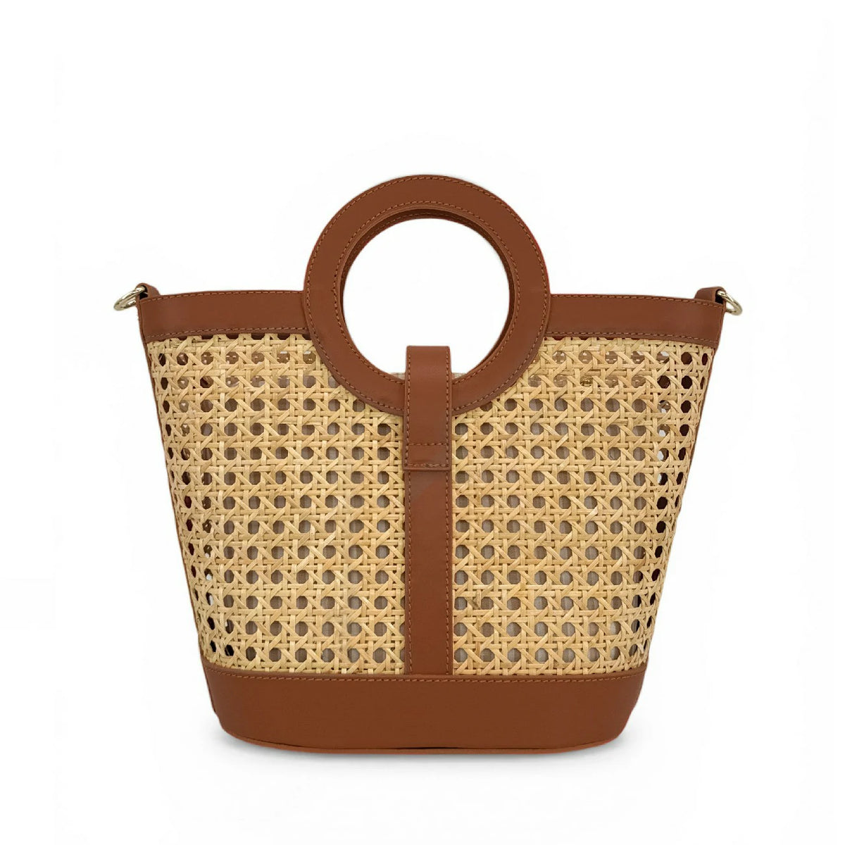 Shopper aus Glattleder und Rattan ODINE Dunkles Camel