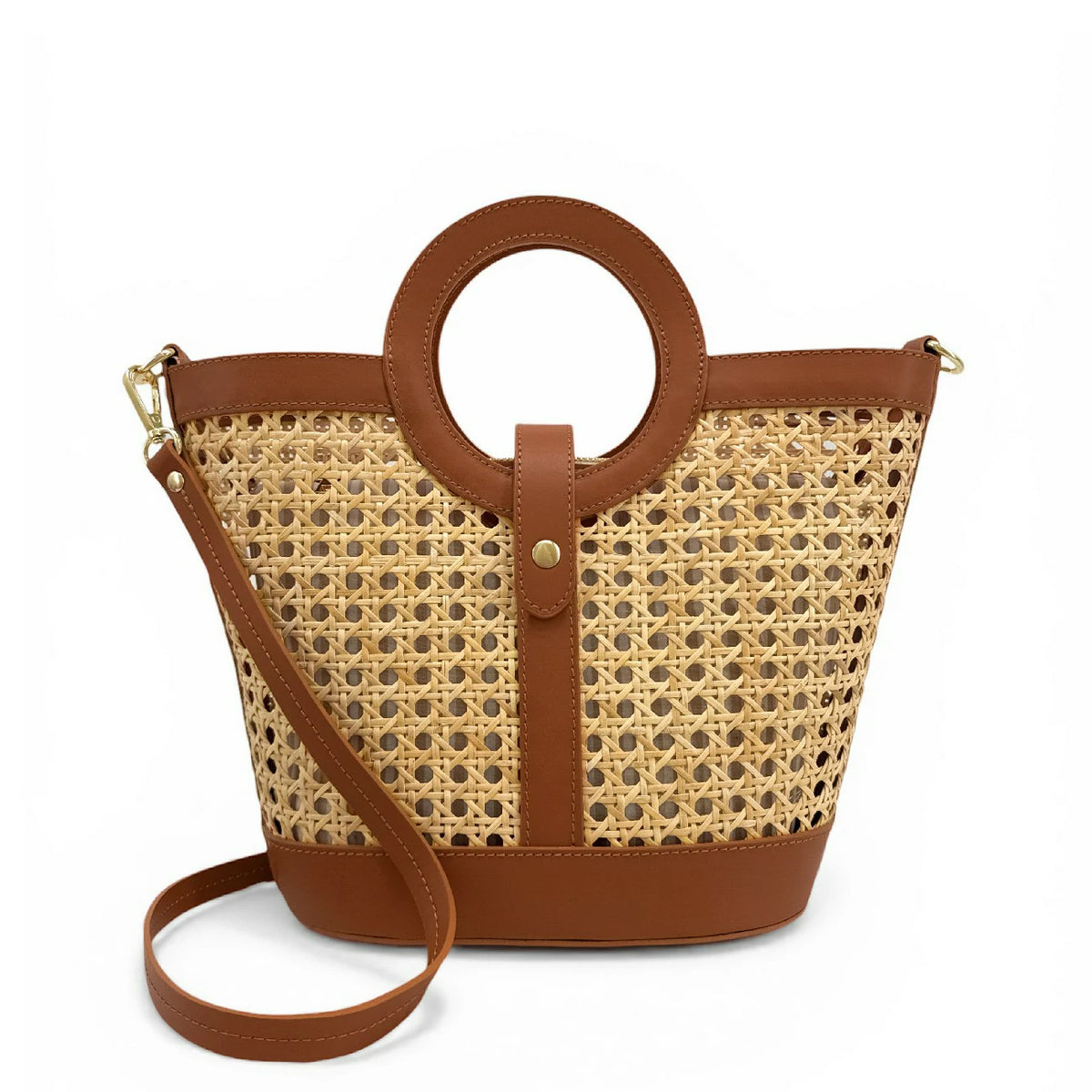 Shopper aus Glattleder und Rattan ODINE Dunkles Camel