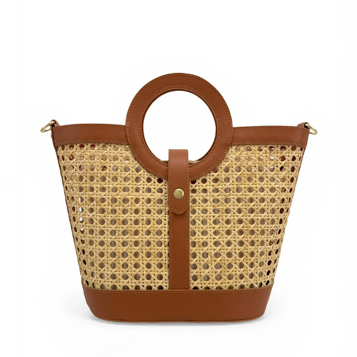 Shopper aus Glattleder und Rattan ODINE Dunkles Camel