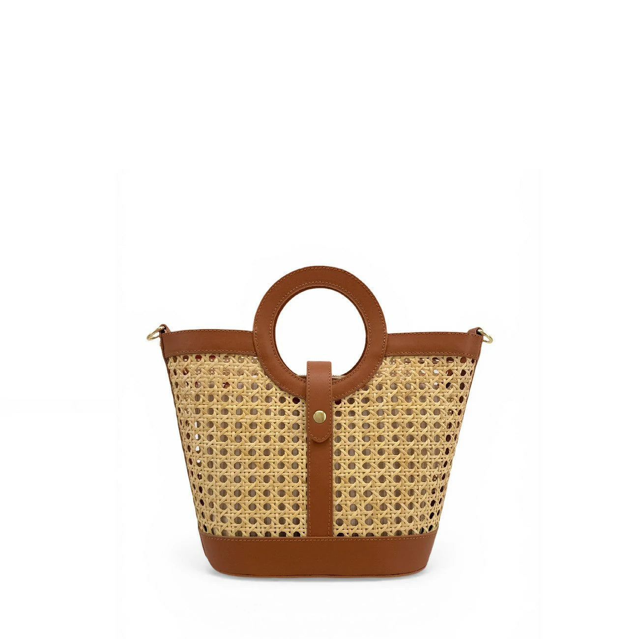 Sac cabas en cuir lisse et rotin ODINE Marron camel foncé