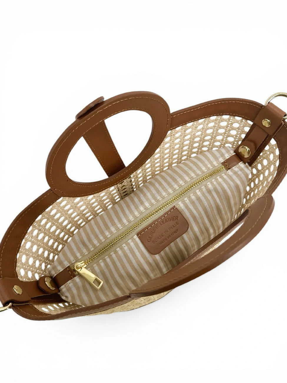 Shopper aus Glattleder und Rattan ODINE Dunkles Camel