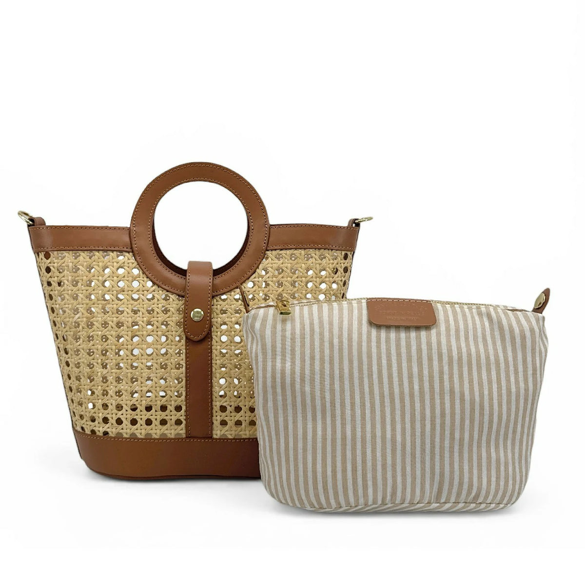 Shopper aus Glattleder und Rattan ODINE Dunkles Camel