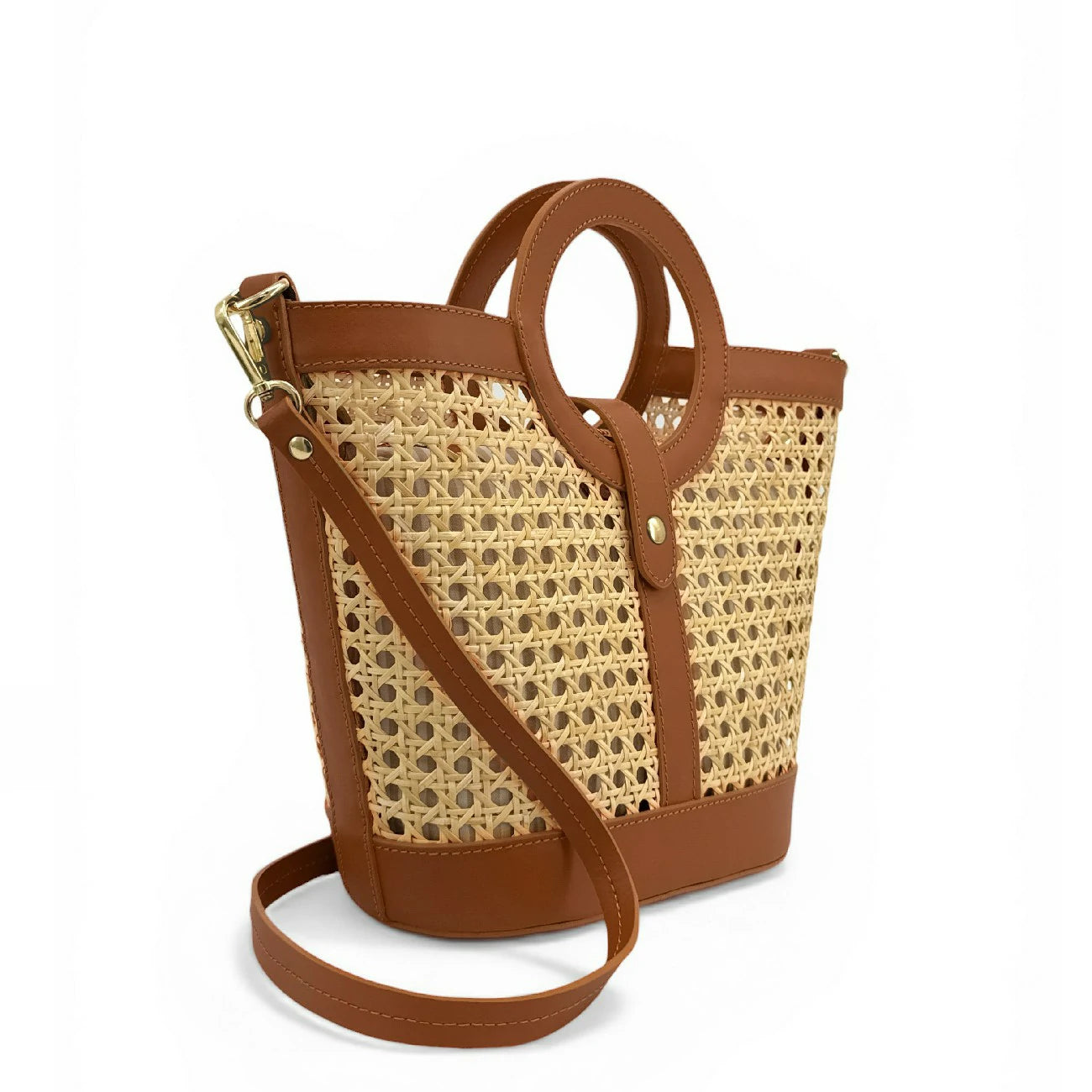 Sac cabas en cuir lisse et rotin ODINE Marron camel foncé