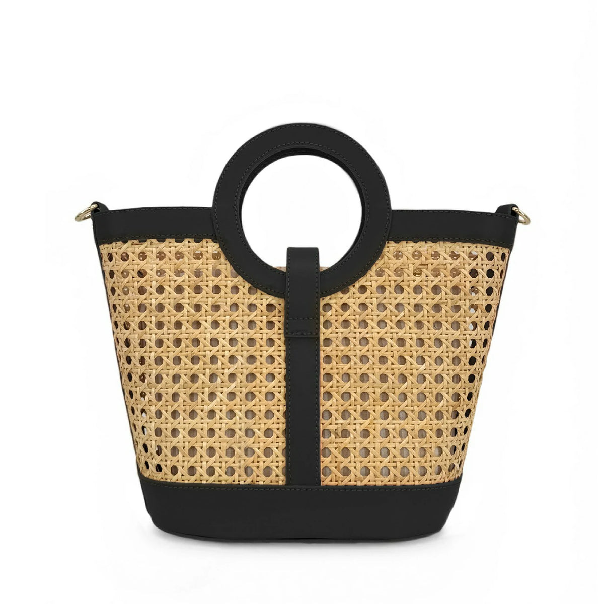 Shopper aus Glattleder und Rattan ODINE Schwarz