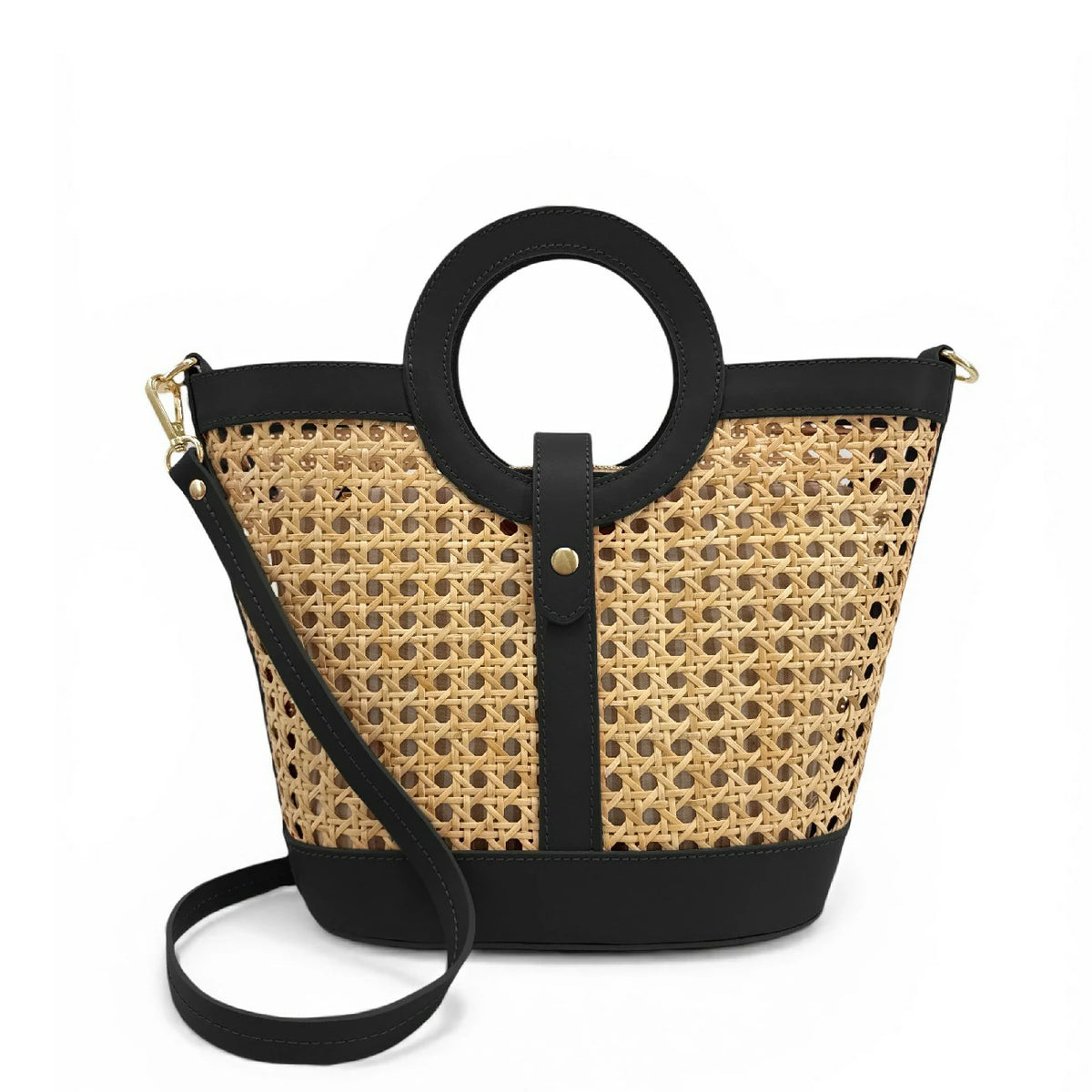Shopper aus Glattleder und Rattan ODINE Schwarz