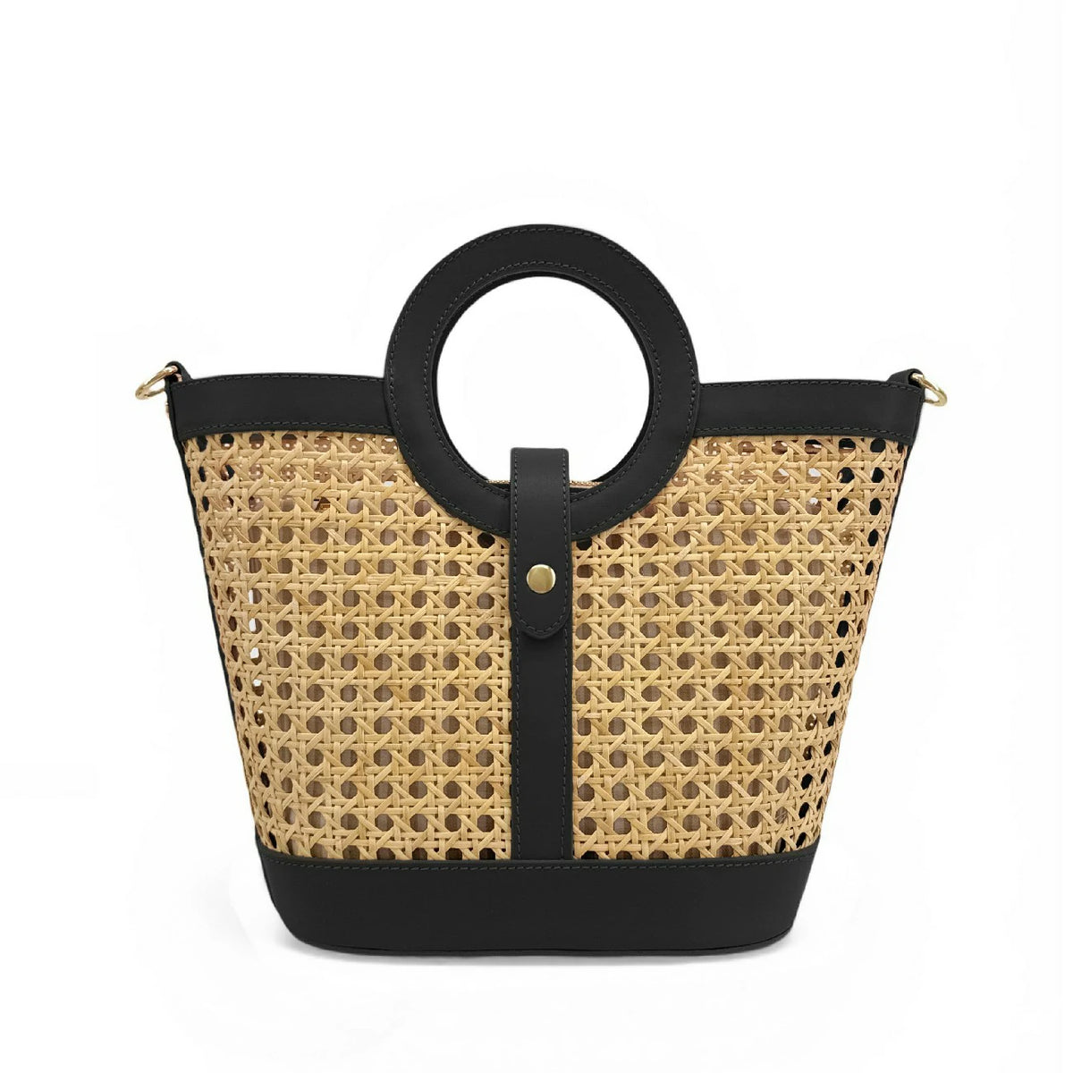 Shopper aus Glattleder und Rattan ODINE Schwarz