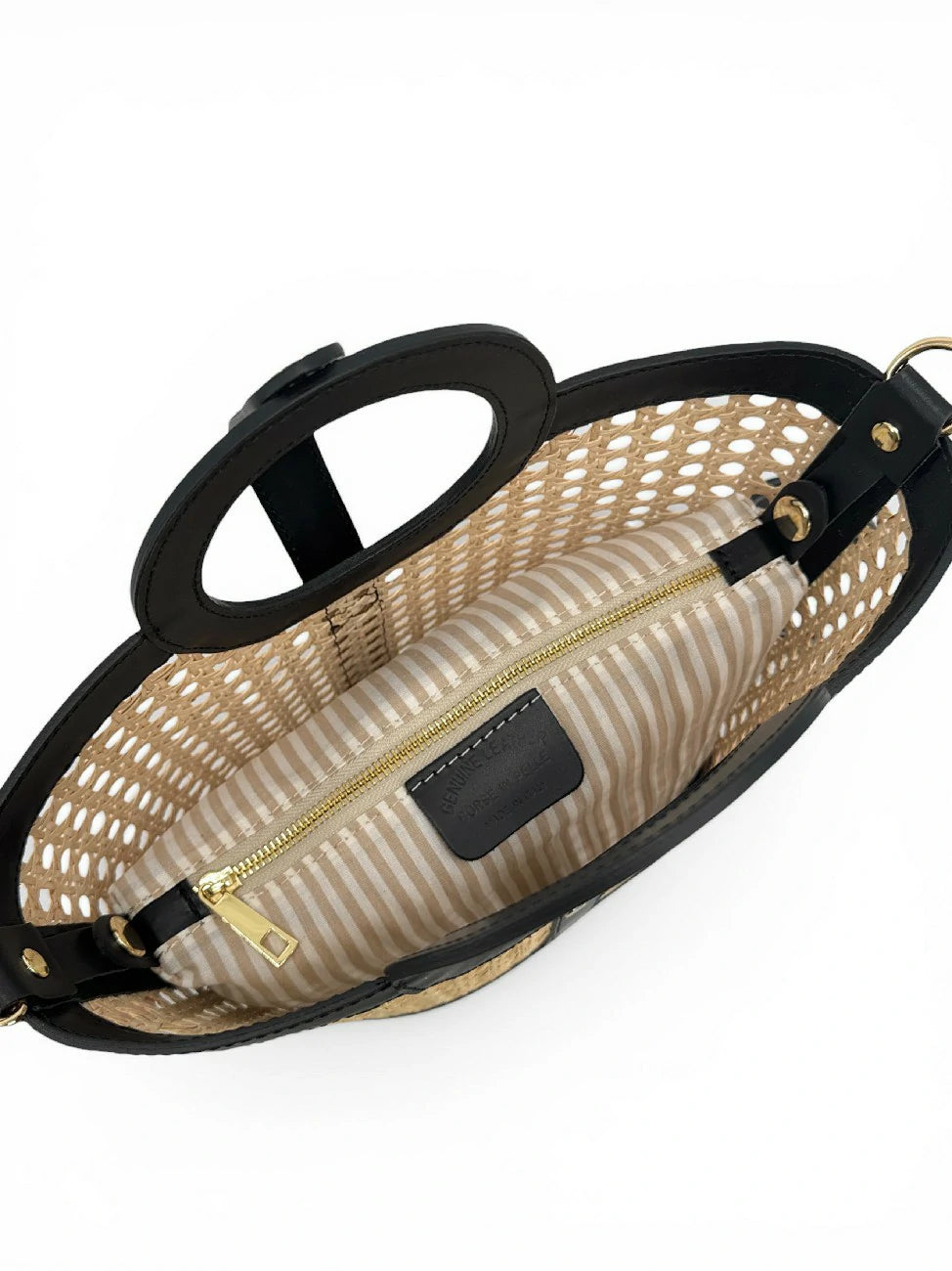 Shopper aus Glattleder und Rattan ODINE Schwarz