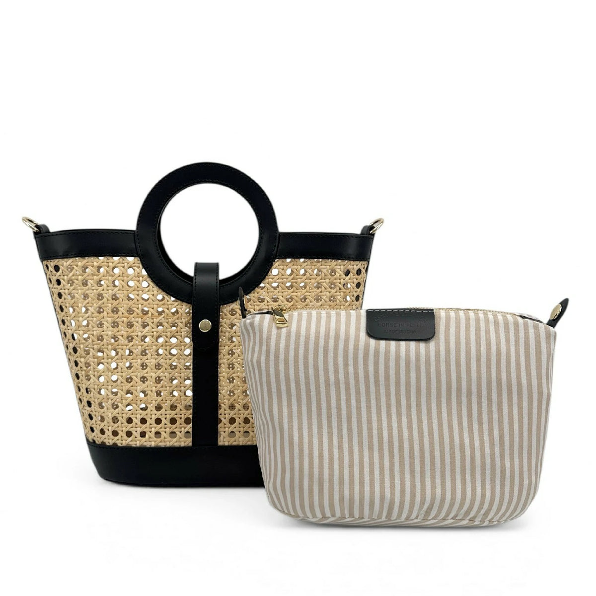 Shopper aus Glattleder und Rattan ODINE Schwarz