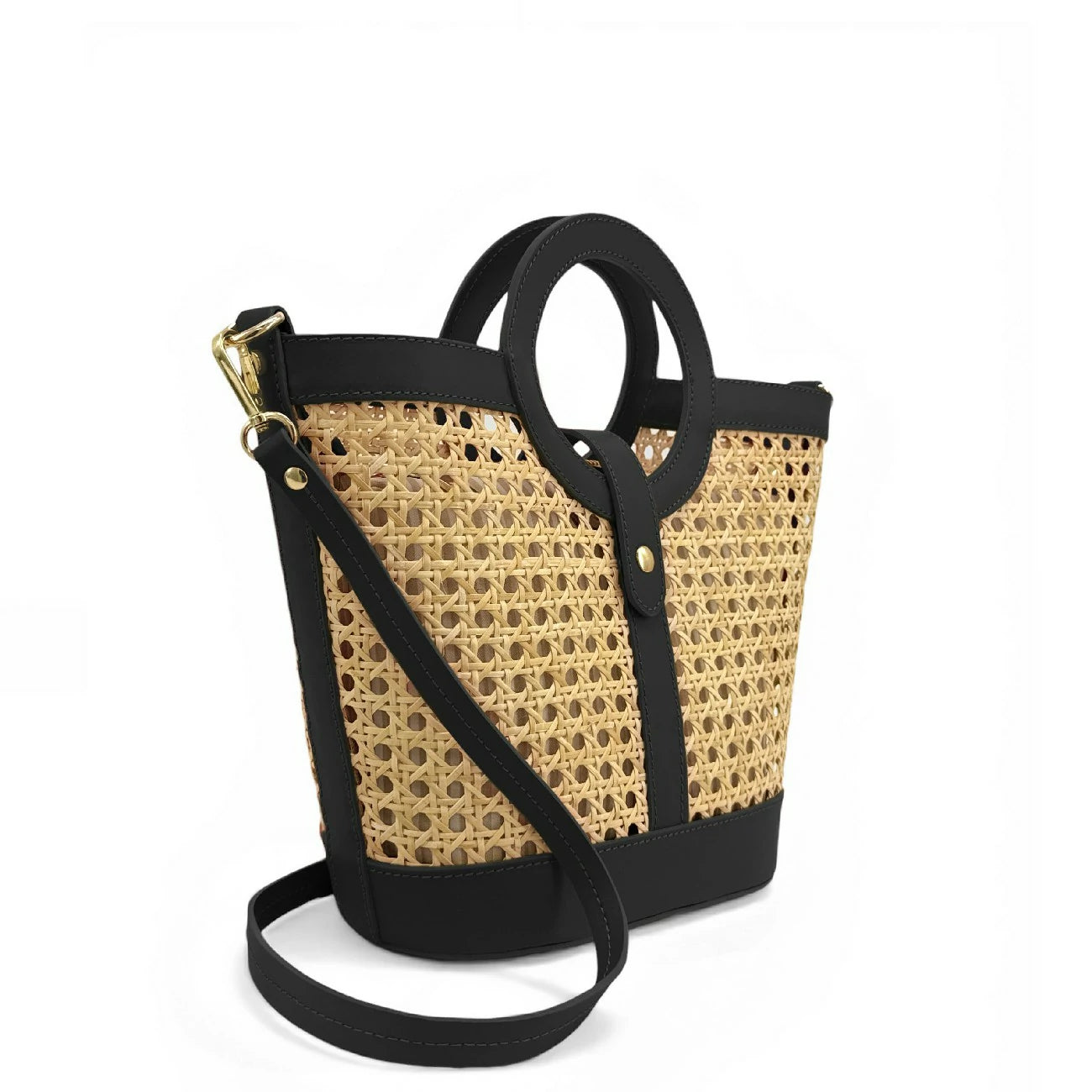 Sac cabas en cuir lisse et rotin ODINE Noir