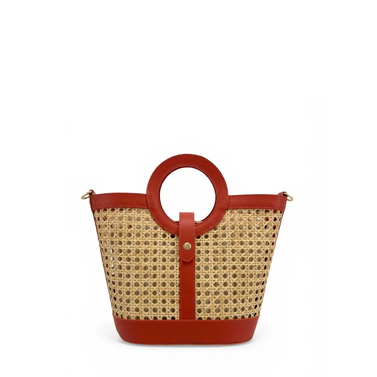 Sac cabas en cuir lisse et rotin ODINE Rouge terracotta