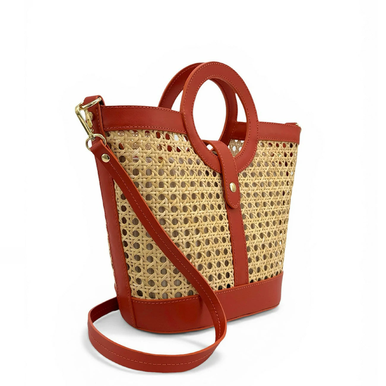 Sac cabas en cuir lisse et rotin ODINE Rouge terracotta