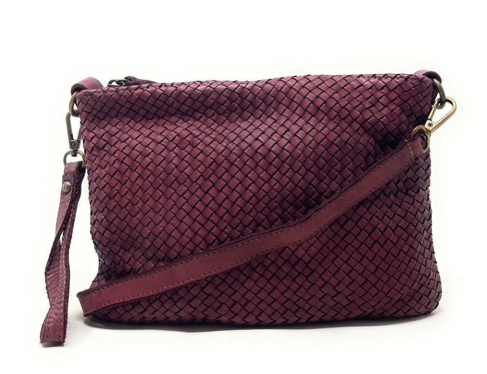 Sac pochette à bandoulière en cuir tressé MISS JOE Prune