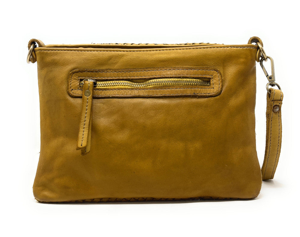 Sac pochette à bandoulière en cuir tressé MISS JOE Jaune Moutarde