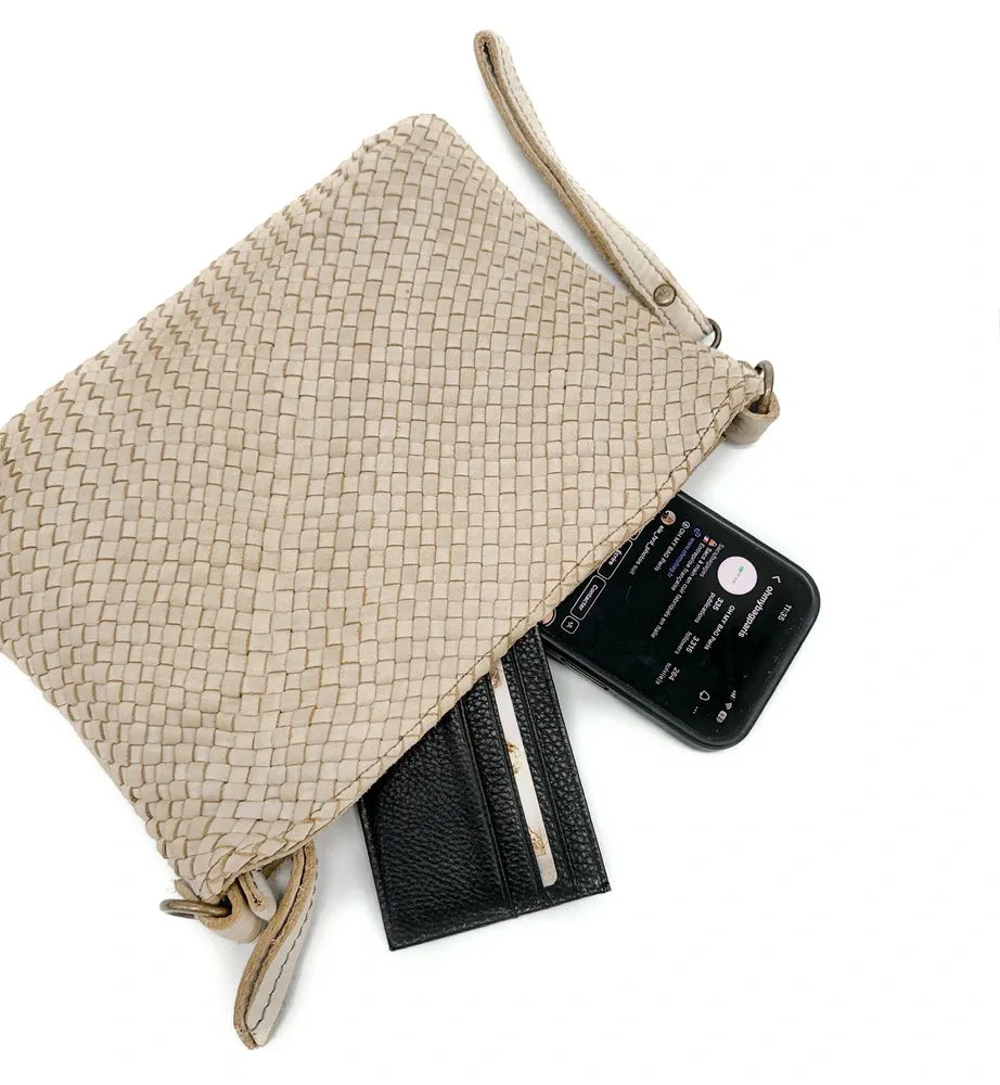 Sac pochette à bandoulière en cuir tressé MISS JOE Beige crème
