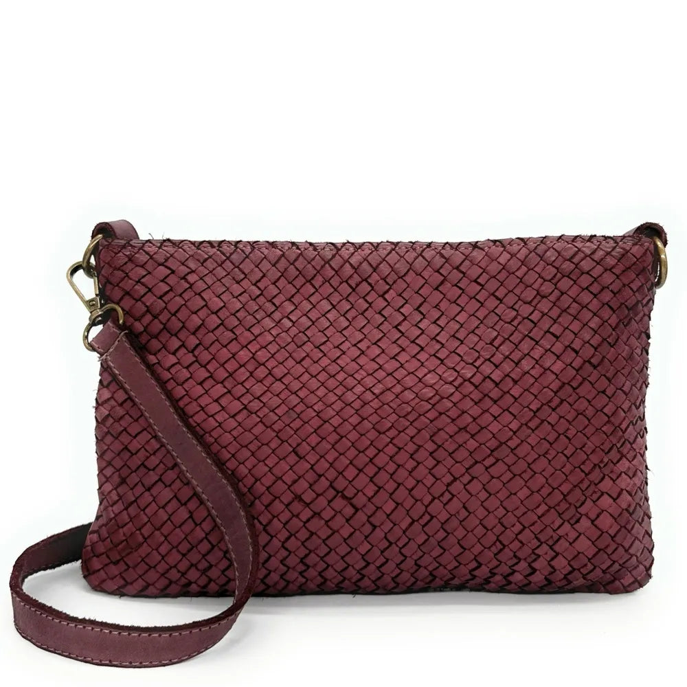 Sac pochette à bandoulière en cuir tressé MISS JOE Bordeaux