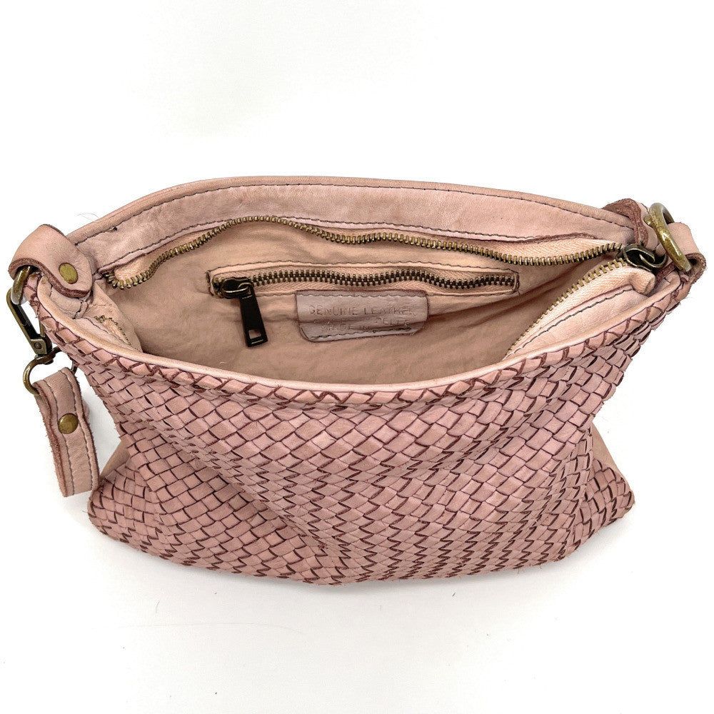 Sac pochette à bandoulière en cuir tressé MISS JOE Rose pâle