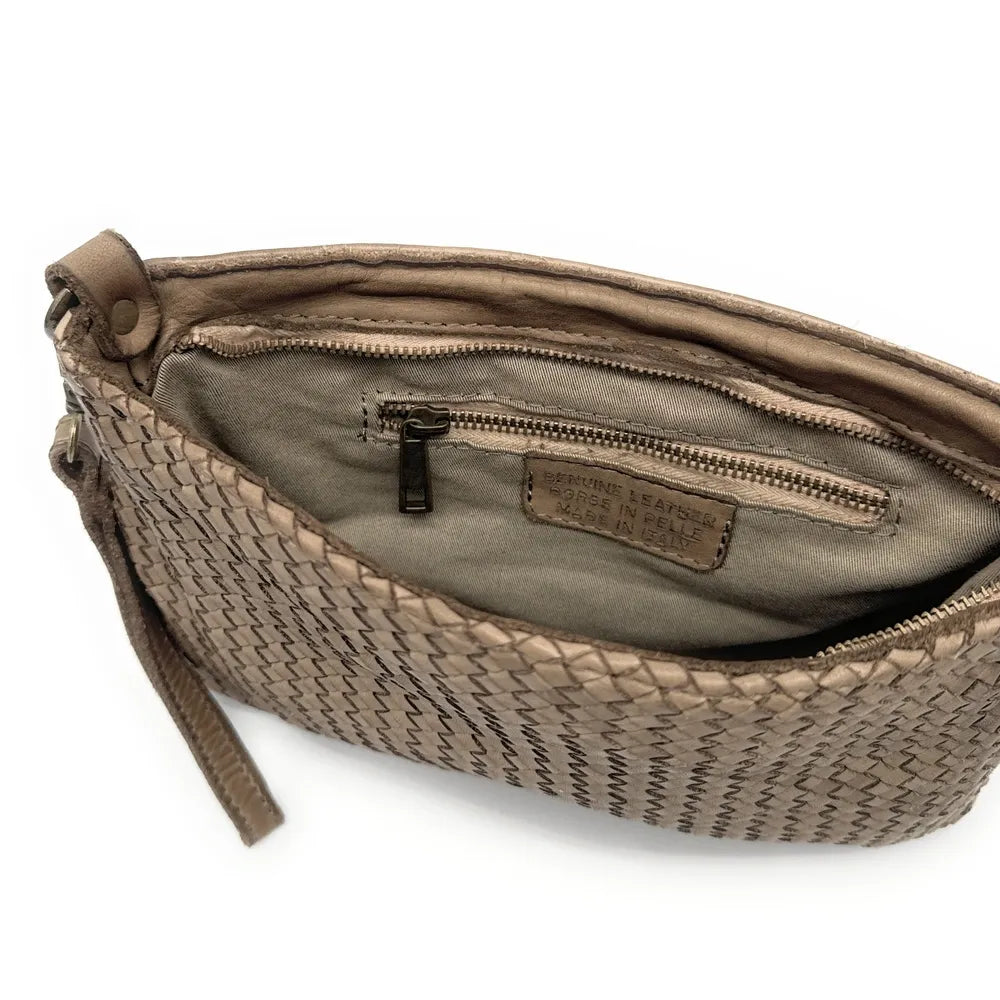 Sac pochette à bandoulière en cuir tressé MISS JOE Taupe foncé