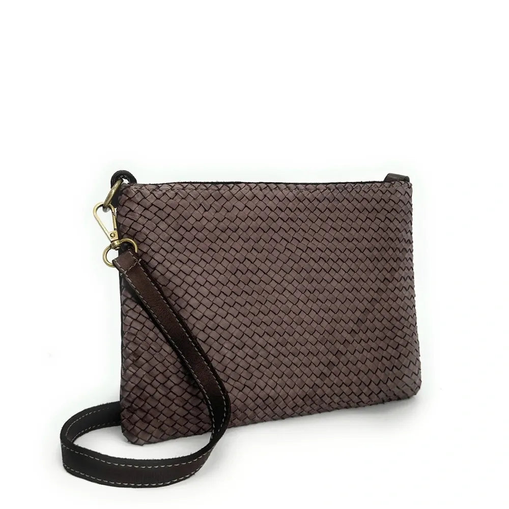 Sac pochette à bandoulière en cuir tressé MISS JOE Chocolat