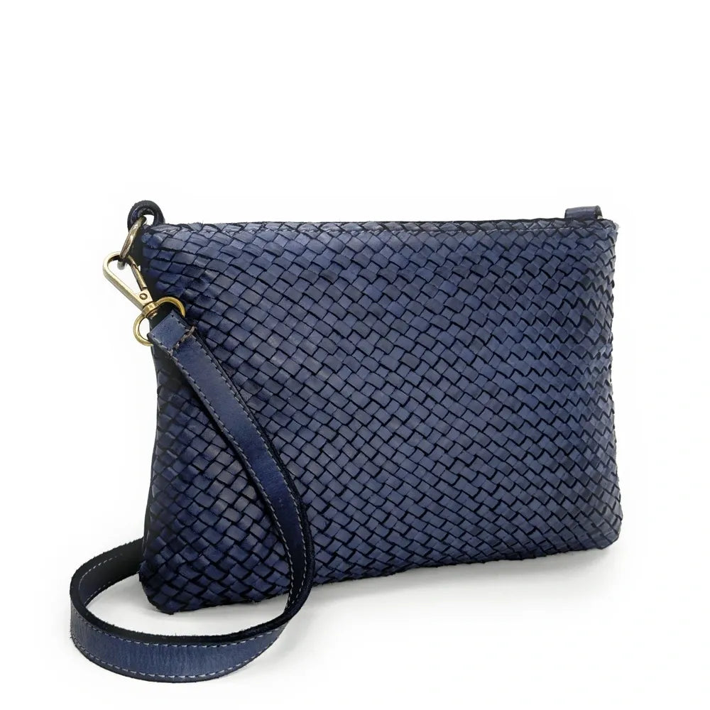 Sac pochette à bandoulière en cuir tressé MISS JOE Bleu marine