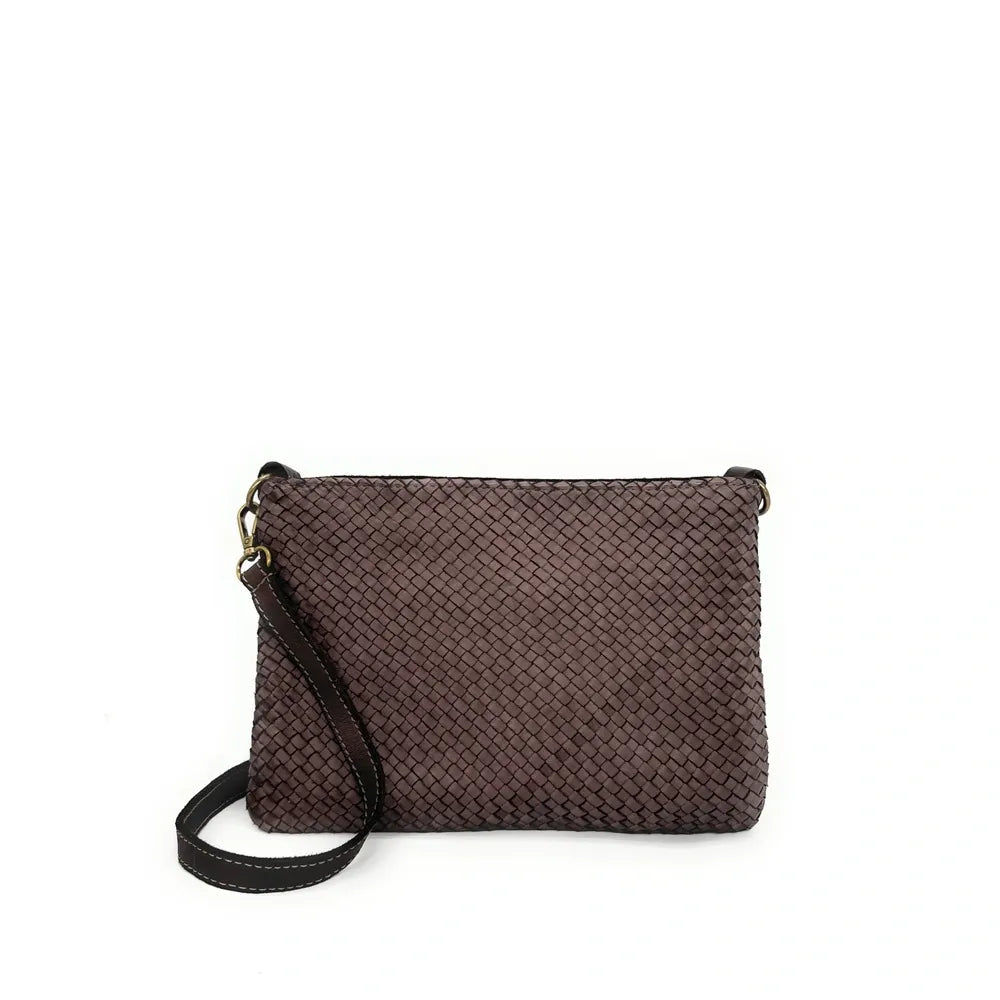 Sac pochette à bandoulière en cuir tressé MISS JOE Chocolat