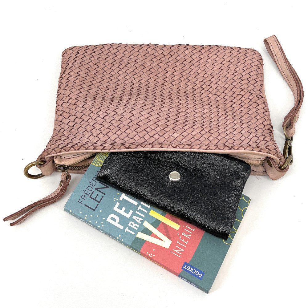 Sac pochette à bandoulière en cuir tressé MISS JOE Rose pâle