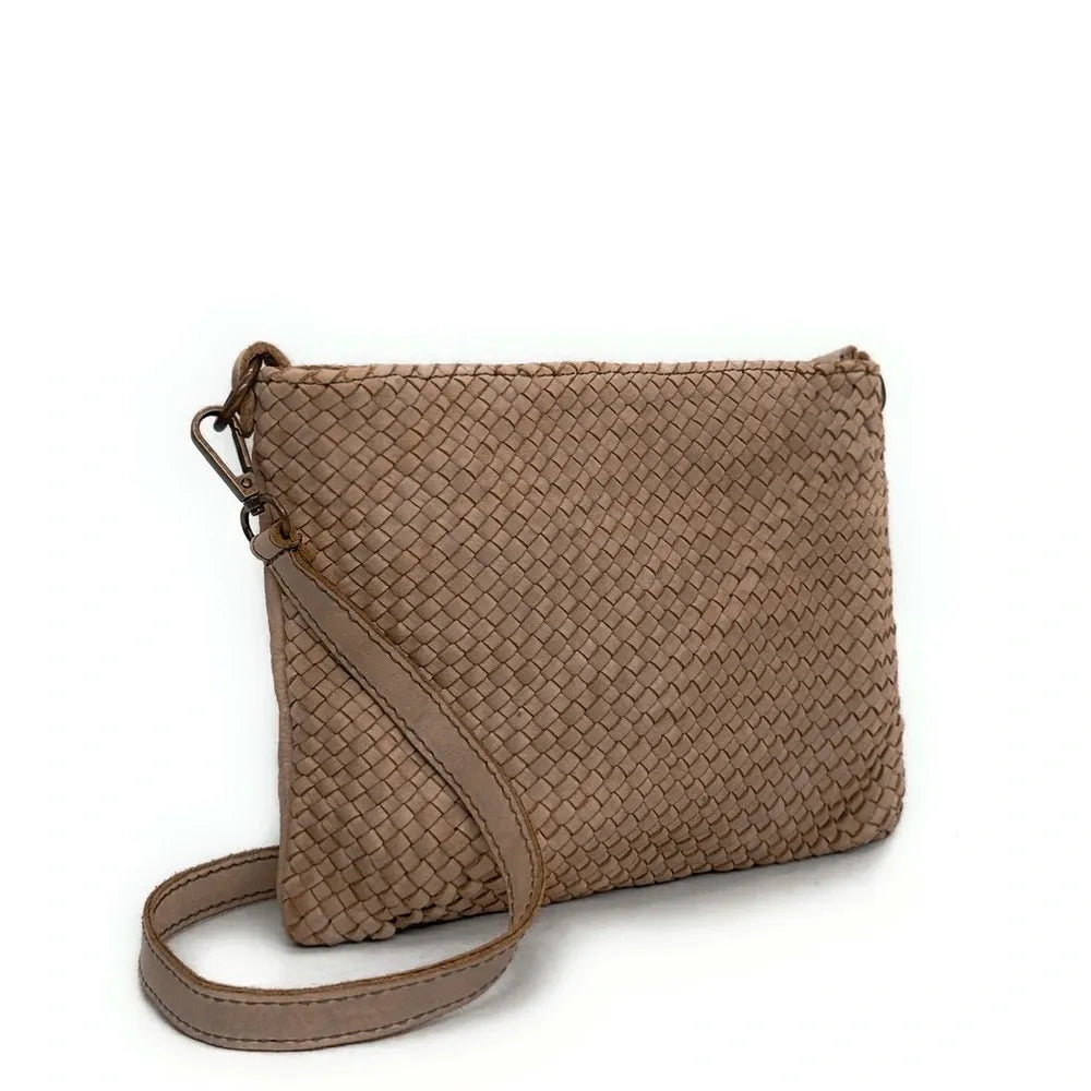 Sac pochette à bandoulière en cuir tressé MISS JOE Taupe foncé