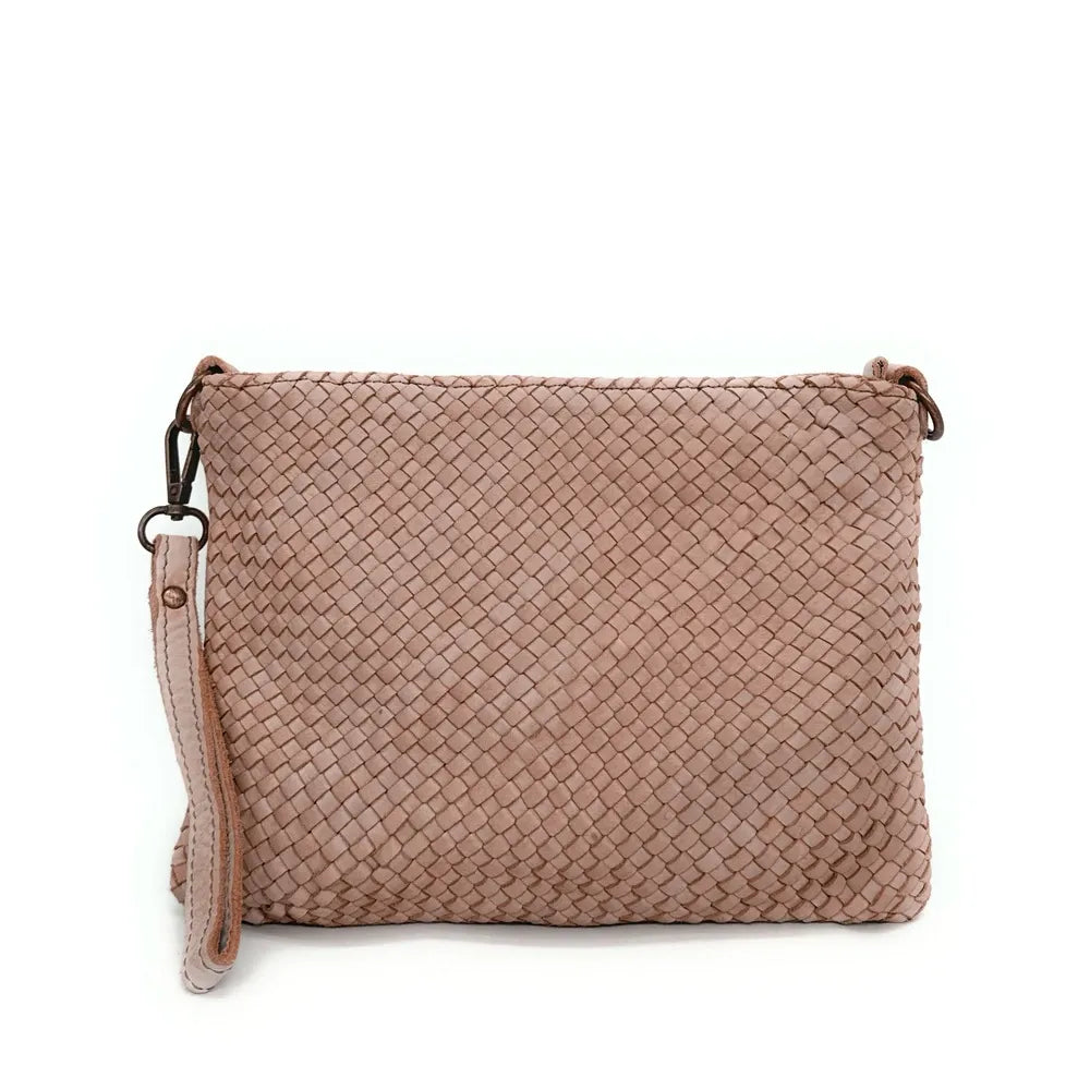 Sac pochette à bandoulière en cuir tressé MISS JOE Rose nude