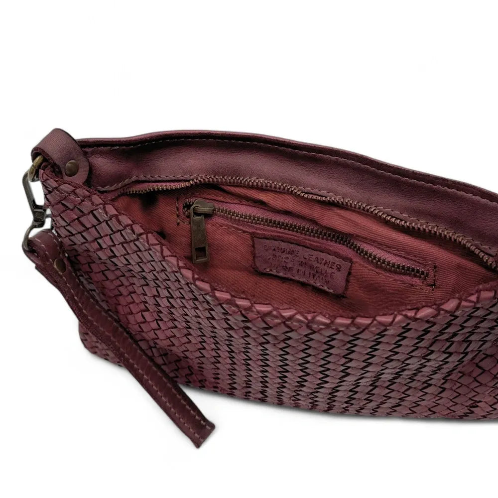 Sac pochette à bandoulière en cuir tressé MISS JOE Bordeaux