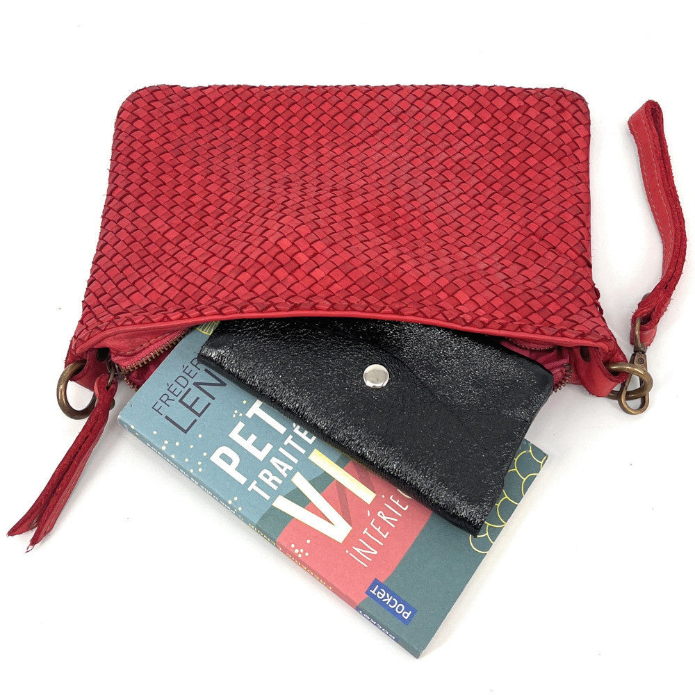 Sac pochette à bandoulière en cuir tressé MISS JOE Rouge garance