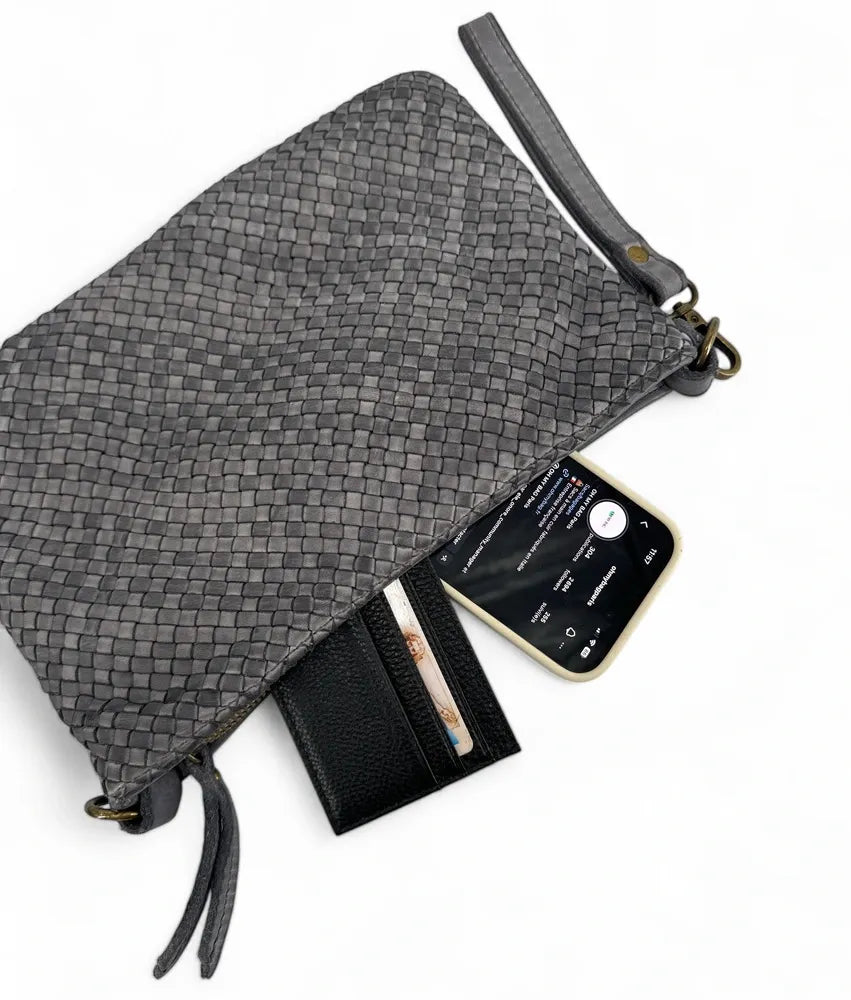 Sac pochette à bandoulière en cuir tressé MISS JOE Gris pigeon