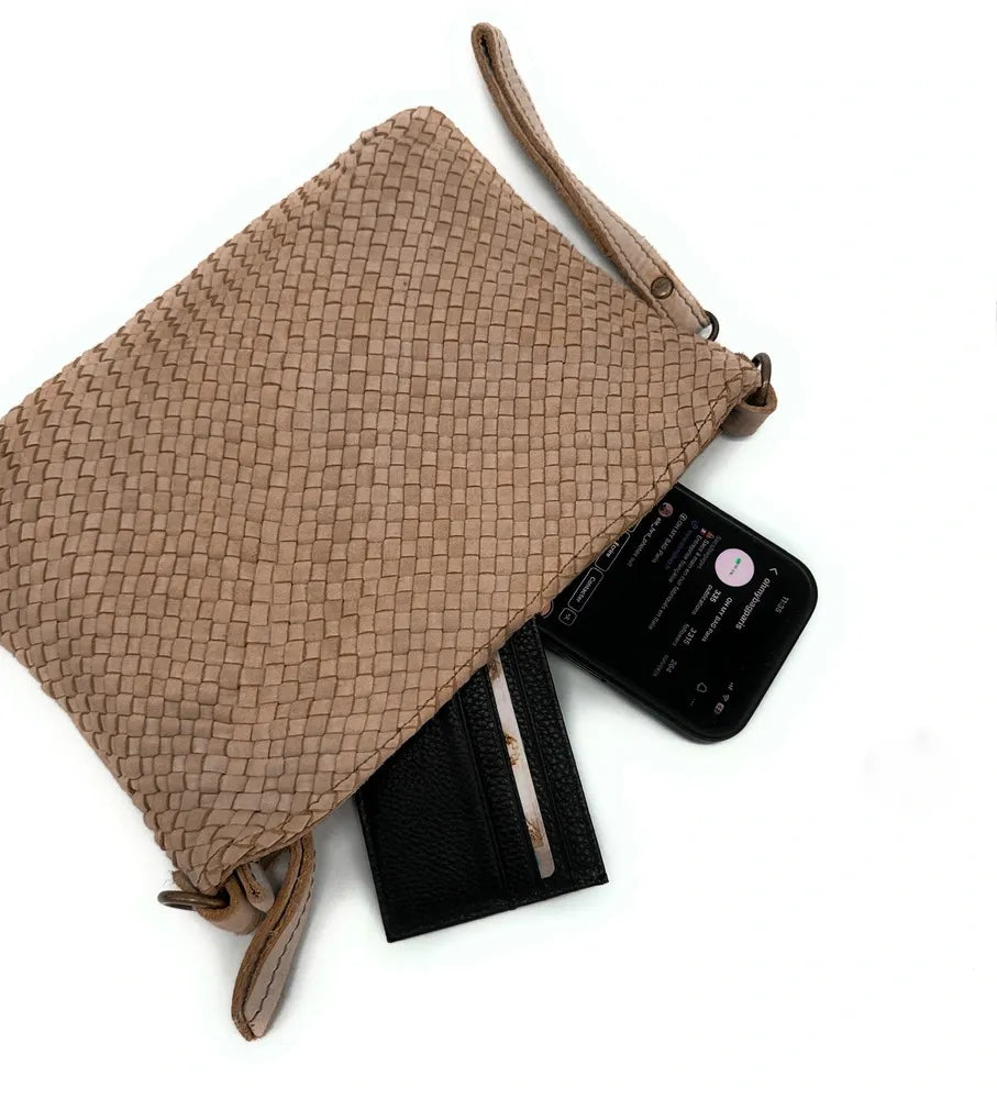 Sac pochette à bandoulière en cuir tressé MISS JOE Taupe foncé